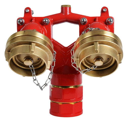 Bild von "KINDSWATER Einspeisearmatur Eingang 2 x Storz B-75, Abgang Gewinde 3"", DIN 14461, stehend, Eingänge 45°,  Messing"